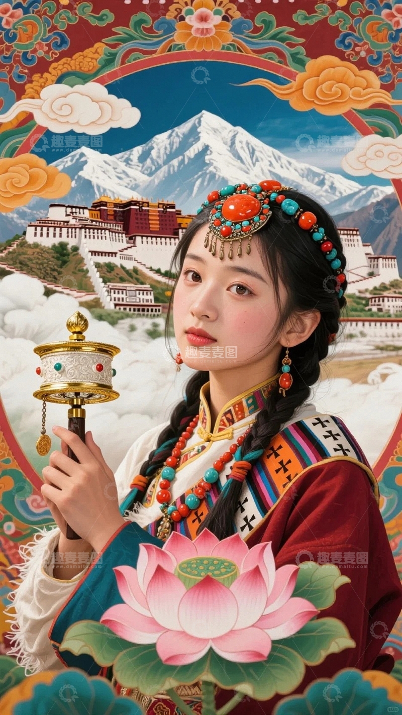 高清大图下载【趣麦麦图】西藏风情唐卡作品藏族少女02