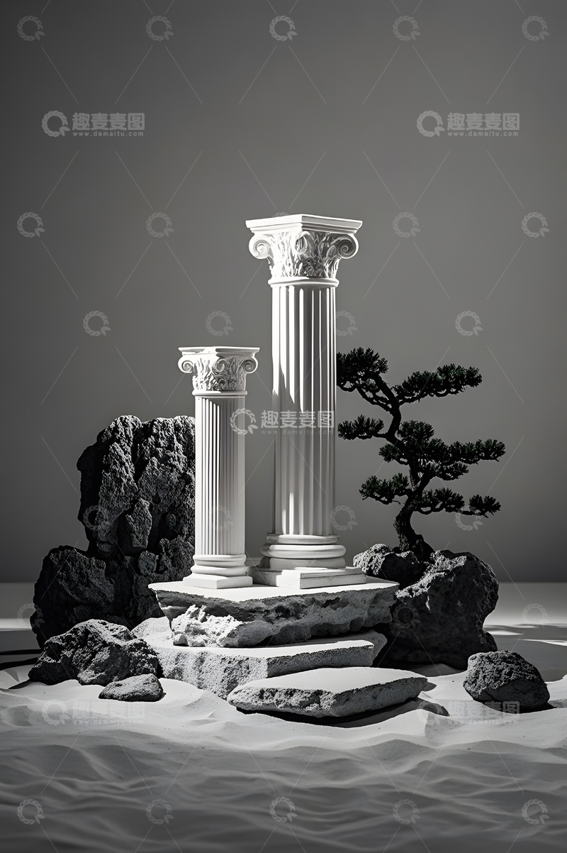 高清大图下载【趣麦麦图】黑白罗马柱石块展台背景