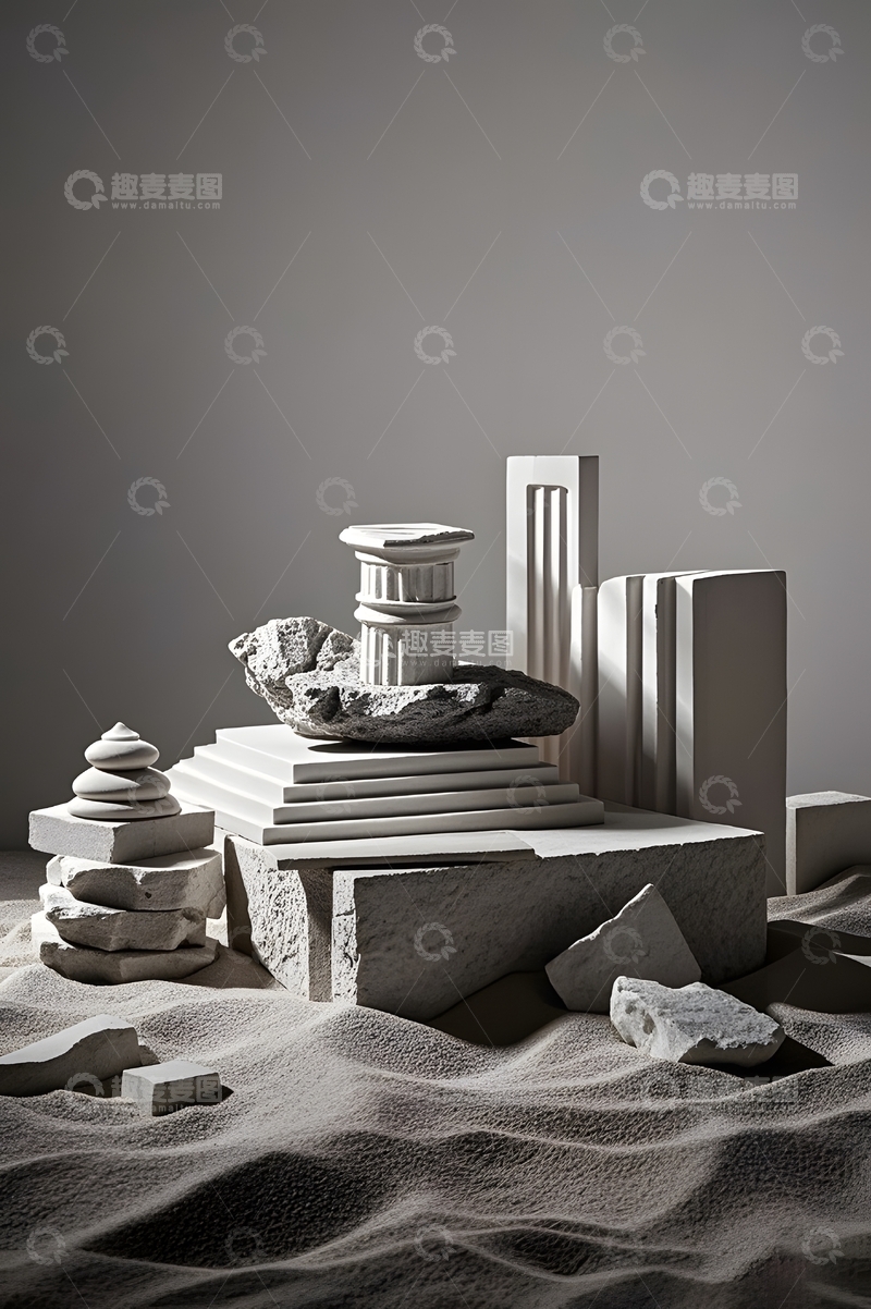 高清大图下载【趣麦麦图】黑色罗马柱石块展台背景3