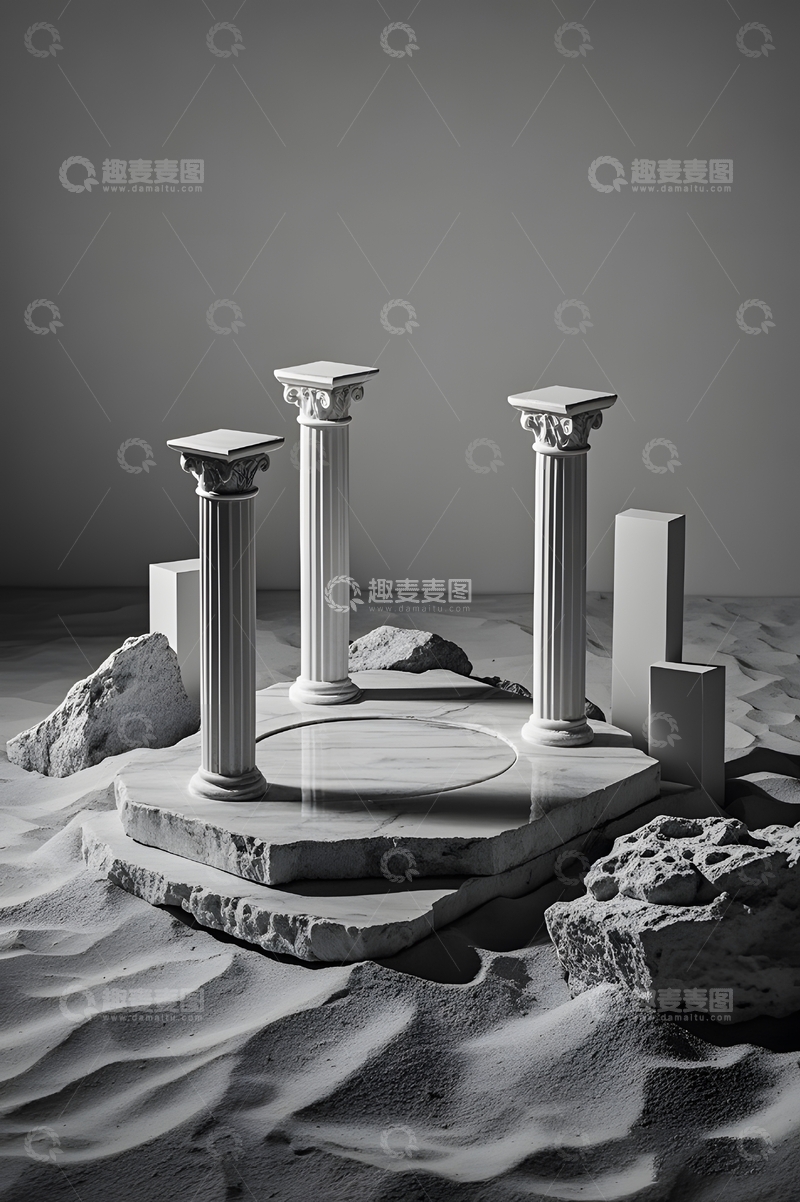 高清大图下载【趣麦麦图】黑色罗马柱石块展台背景4