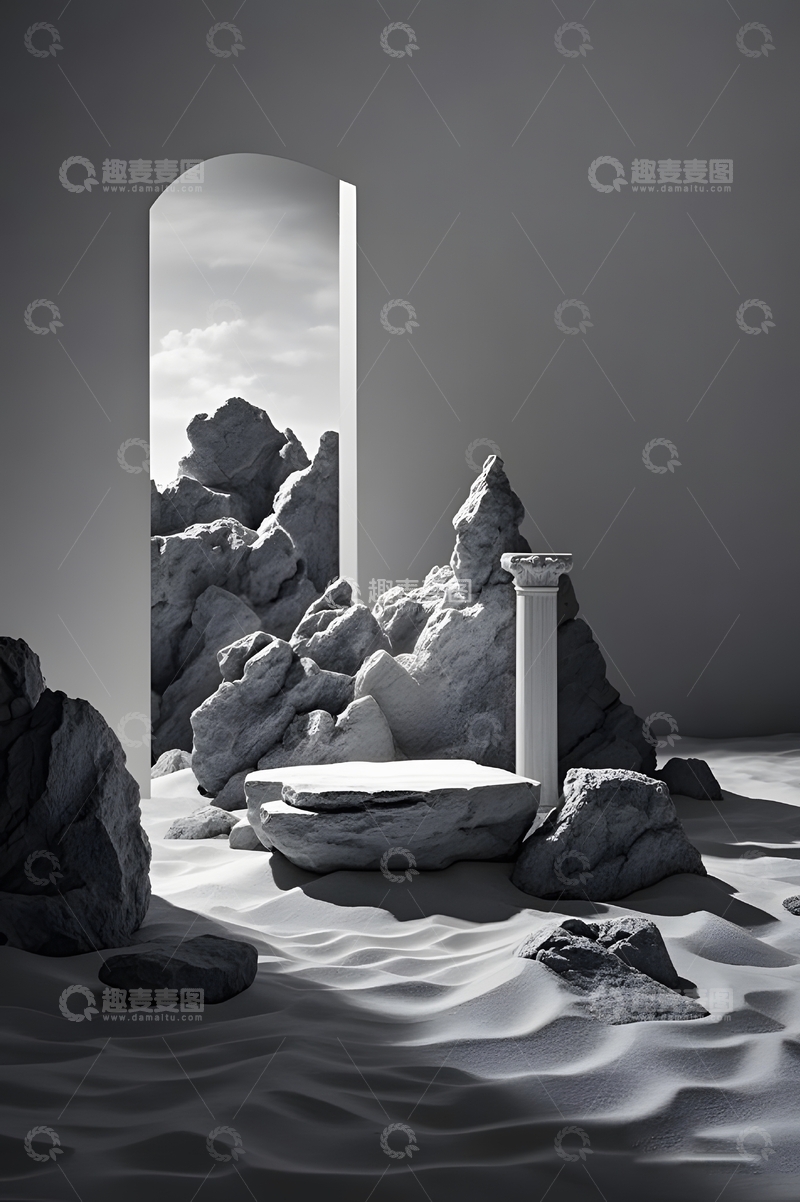 高清大图下载【趣麦麦图】黑色罗马柱石块展台展示背景