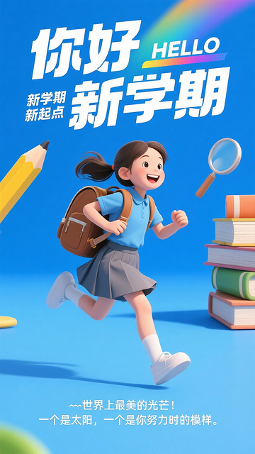 你好新学期海报背着书包的女孩奔跑向前