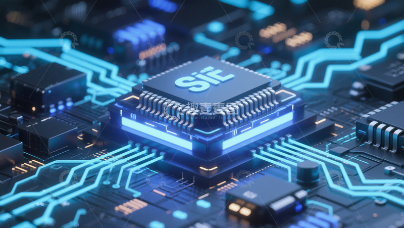 高清大图下载【趣麦麦图】3D立体科技芯片电路场景蓝紫色背景素材
