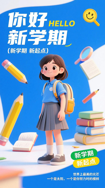 你好新学期矢量手绘立体人物海报素材