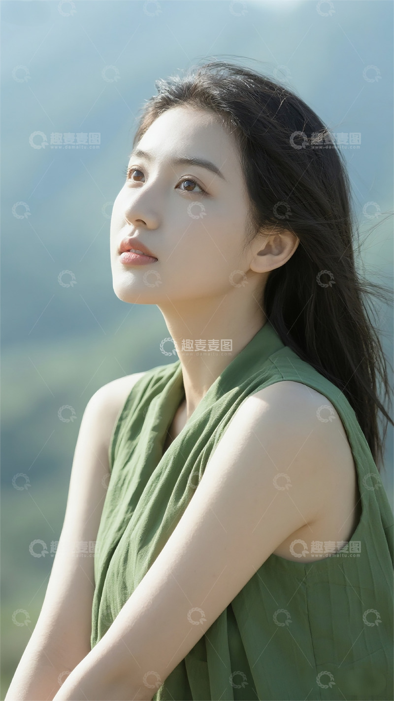 高清大图下载【趣麦麦图】女孩抬头仰望天空黑发半身高清摄影图