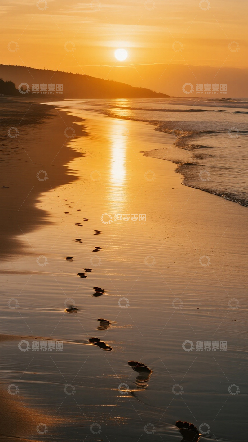 高清大图下载【趣麦麦图】落日沙滩黄昏浪漫光影1