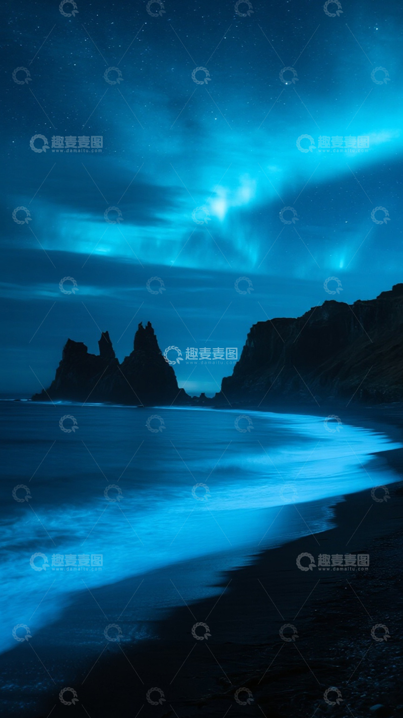 高清大图下载【趣麦麦图】海滩极光梦幻蓝色奇景2