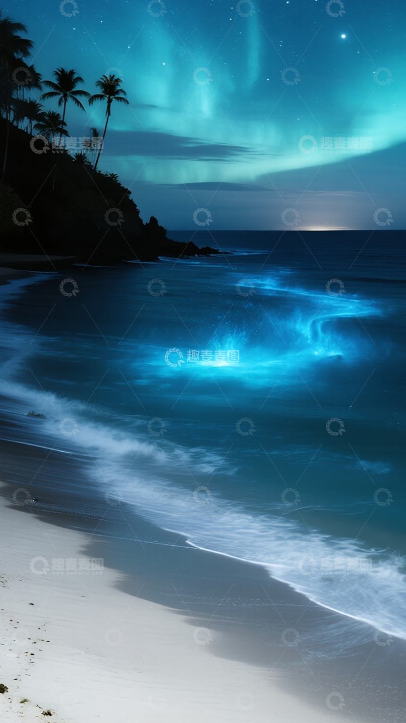 高清大图下载【趣麦麦图】海滩极光梦幻蓝色奇景1
