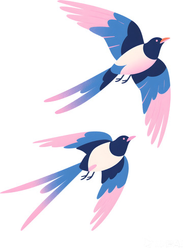 蓝粉喜鹊扁平插画素材