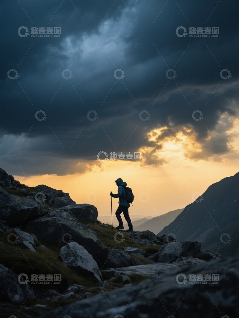 高清大图下载【趣麦麦图】山巅行者v夕阳下的剪影