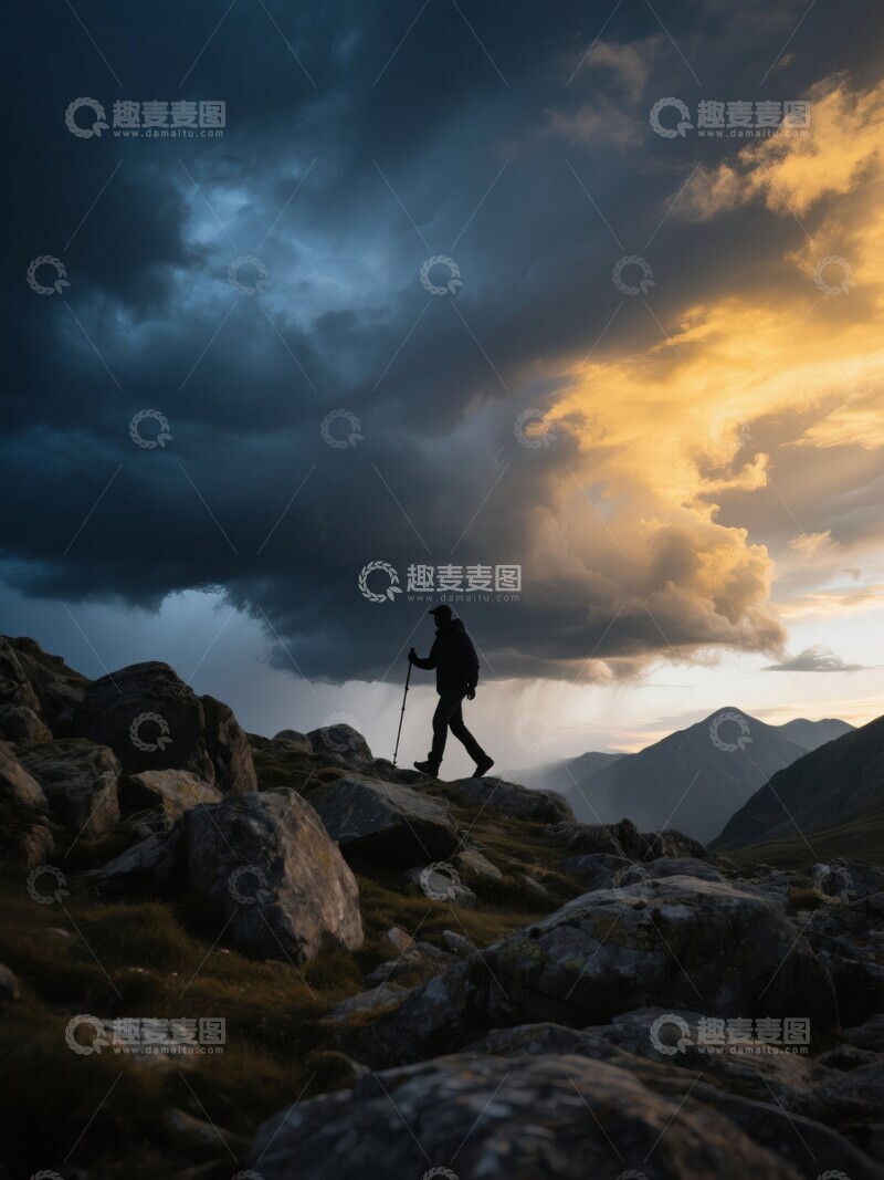 高清大图下载【趣麦麦图】山间行者夕阳下的剪影
