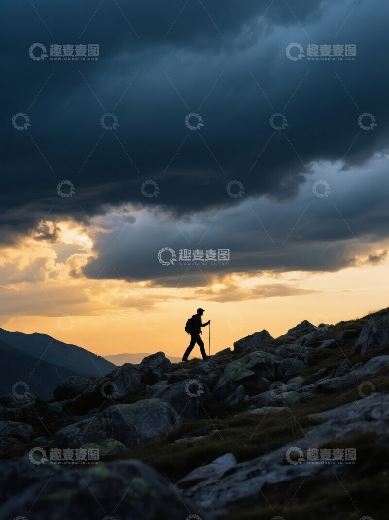 高清大图下载【趣麦麦图】山间徒步者在夕阳下的剪影