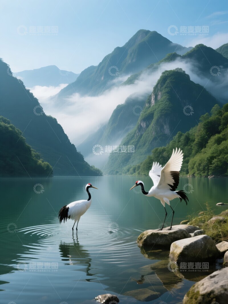 高清大图下载【趣麦麦图】湖畔白鹤飞舞山雾缭绕