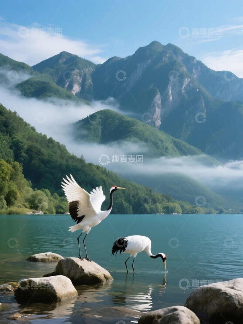 高清大图下载【趣麦麦图】湖畔鹤舞山雾缭绕
