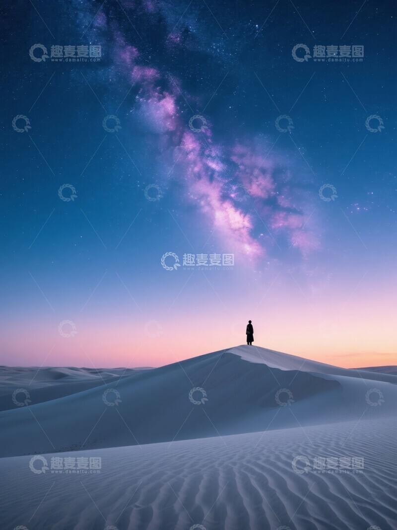 高清大图下载【趣麦麦图】沙漠银河星空下的孤独旅人