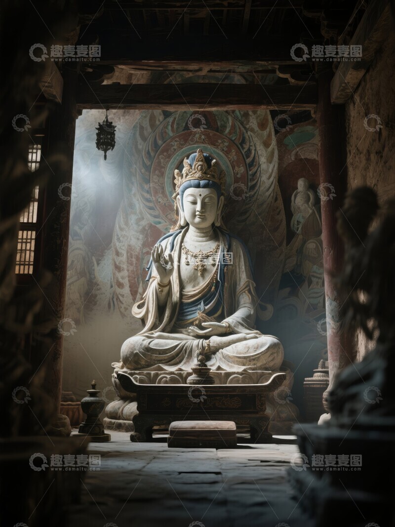 高清大图下载【趣麦麦图】佛像静坐于古寺阳光透窗而入