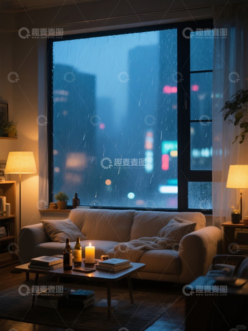 高清大图下载【趣麦麦图】雨夜客厅温馨场景