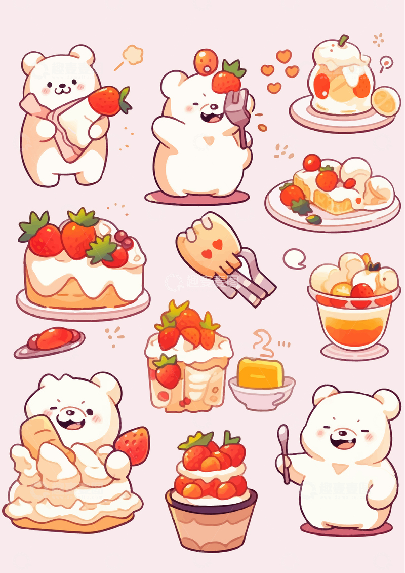 源文件下载【趣麦麦图】手绘卡通插画动物美食点心插图