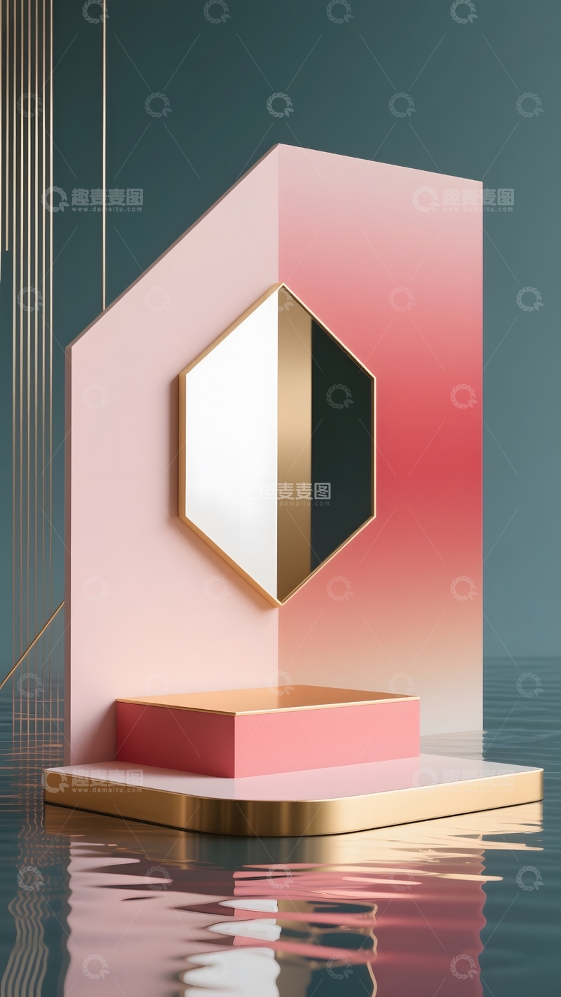 高清大图下载【趣麦麦图】粉金色镜面简约几何展台背景