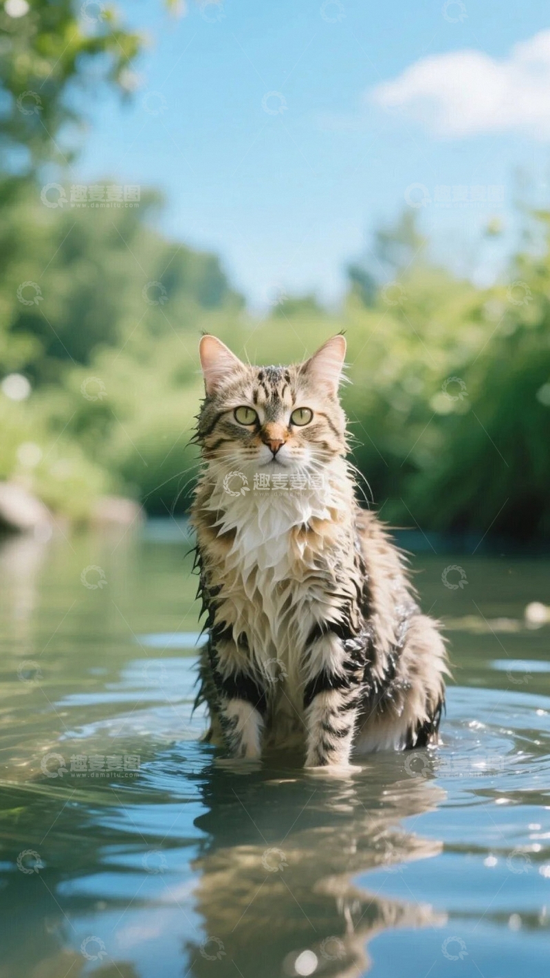高清大图下载【趣麦麦图】夏日水中的猫02