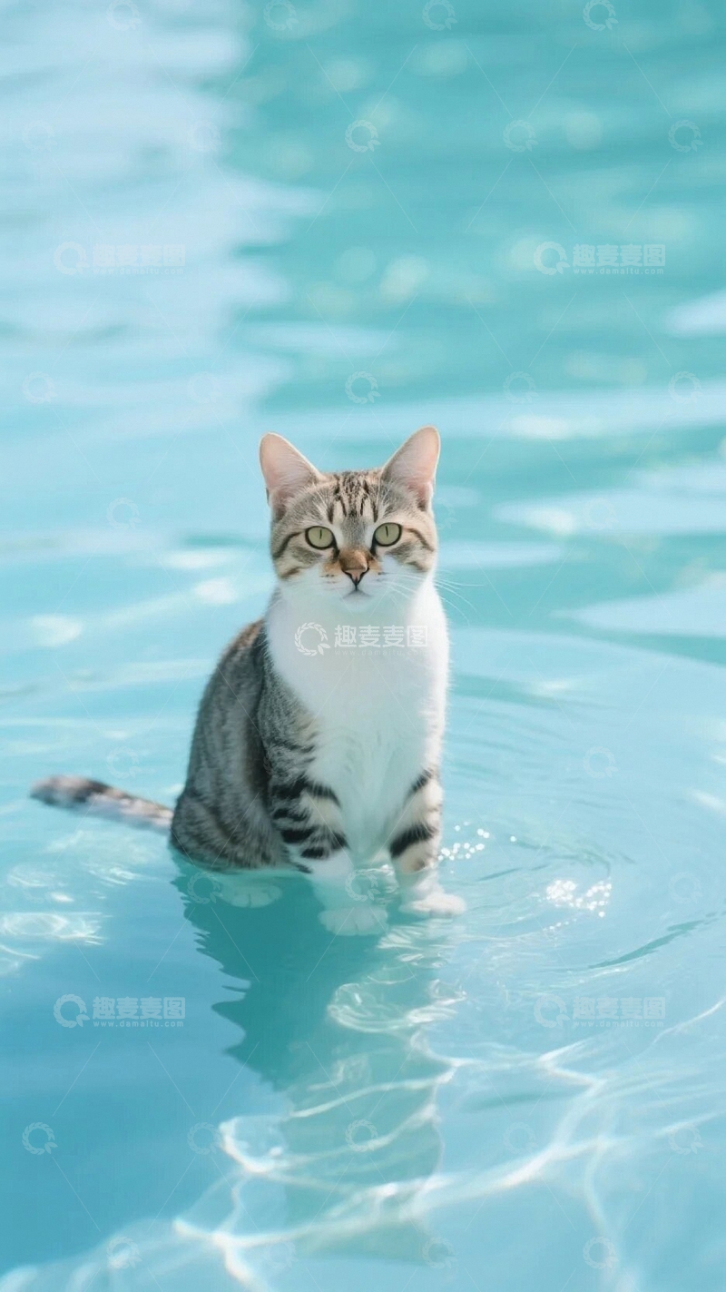 高清大图下载【趣麦麦图】夏日水中的猫04