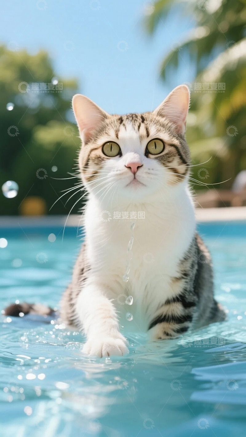 高清大图下载【趣麦麦图】夏日水中的猫01