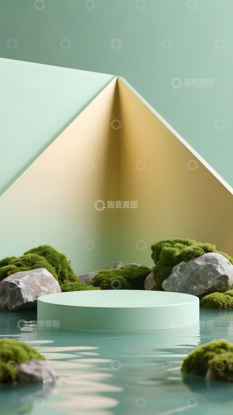 高清大图下载【趣麦麦图】绿金色简约展台设计3