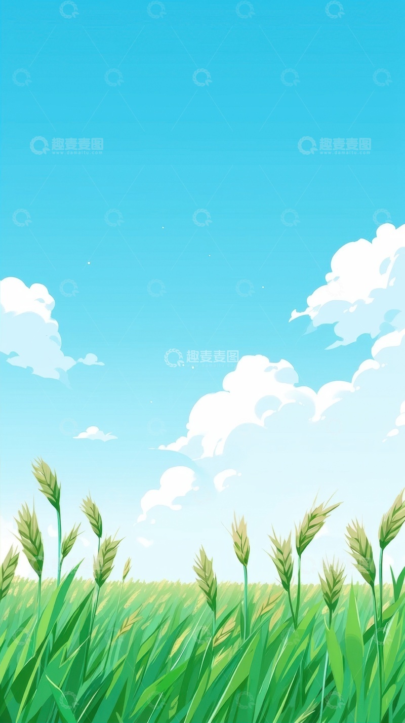 高清大图下载【趣麦麦图】卡通简约青色麦田风景