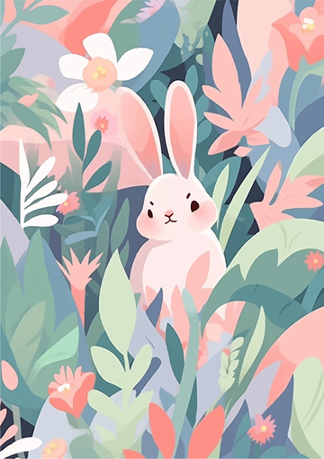 手绘卡通插画动物兔子花草树叶