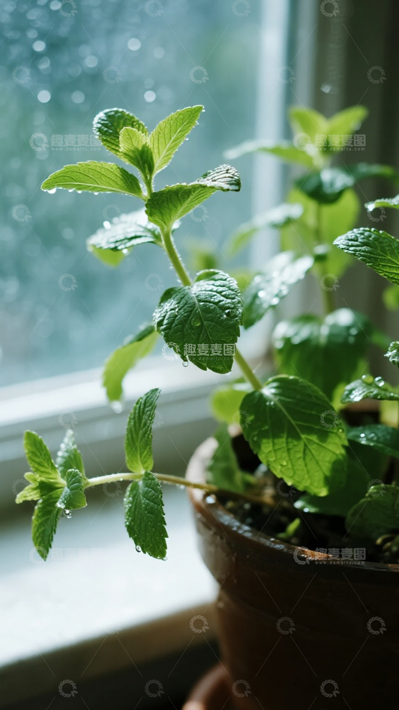 高清大图下载【趣麦麦图】薄荷盆栽窗台清新生机1
