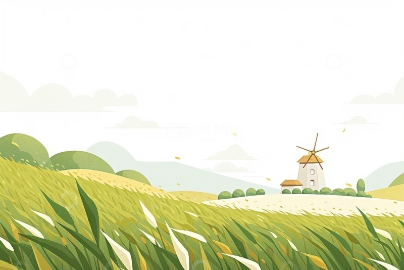 卡通简约麦田风磨坊插画