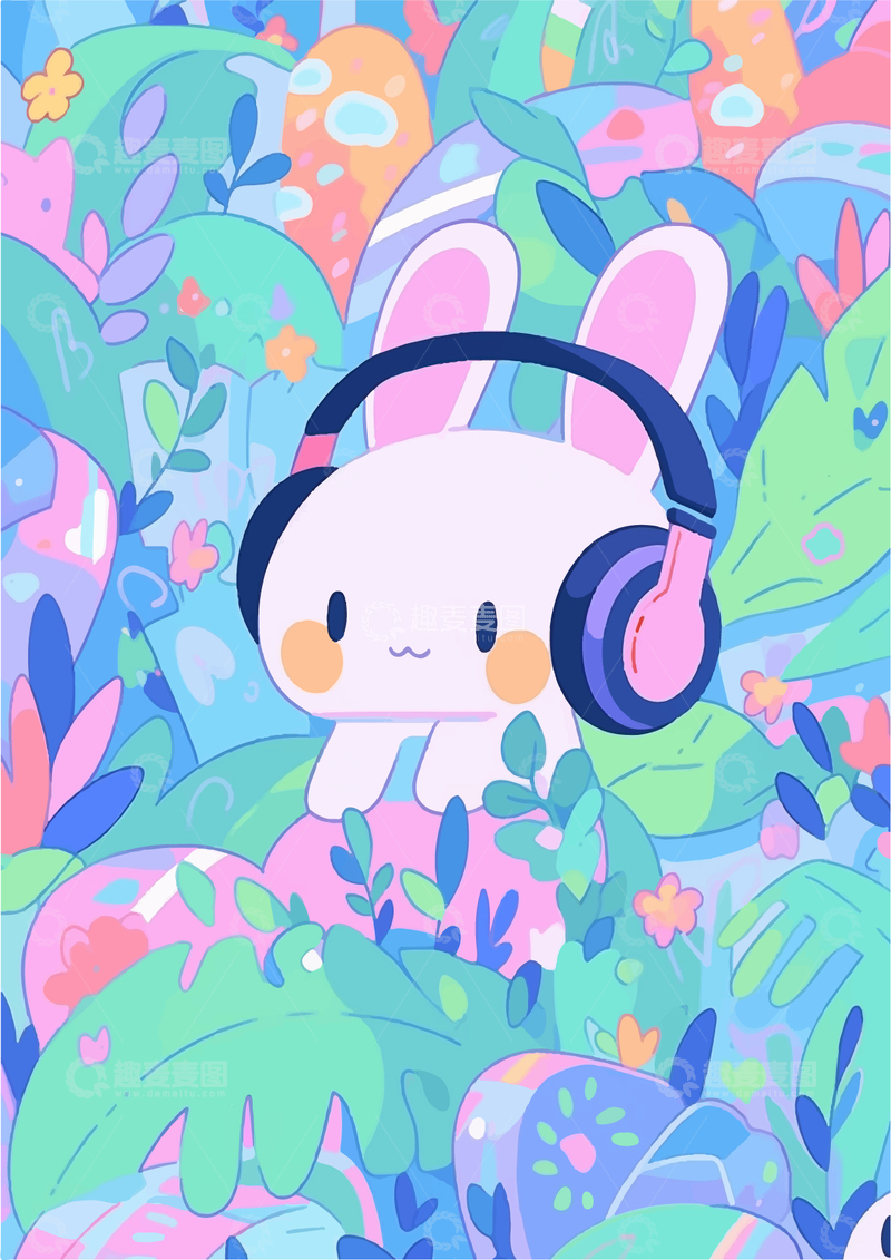 源文件下载【趣麦麦图】紫色绿色手绘卡通插画动物兔子音
