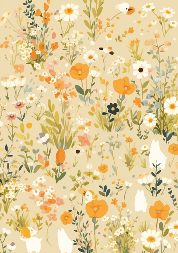 土黄色手绘卡通插画动物花草印版