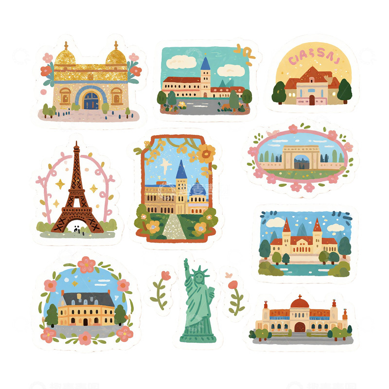 建筑地标手账素材装饰贴纸手绘1