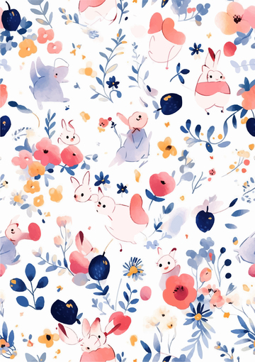 满版树枝花朵手绘卡通插画动物