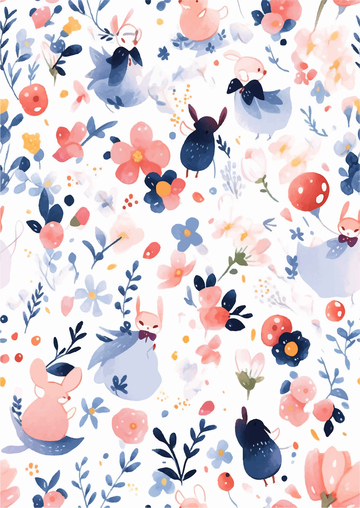 数码打印手绘卡通插画动物花草