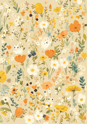 棕黄色花草枝条手绘卡通插画印版