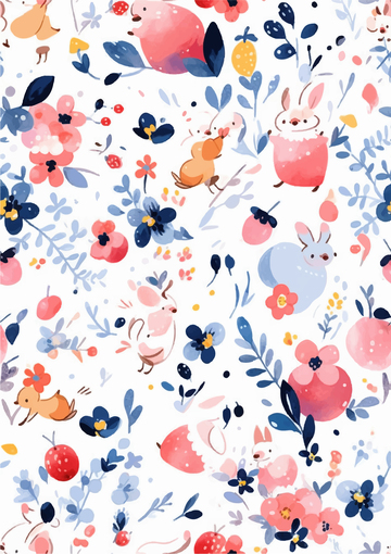 粉色枝条手绘卡通插画动物花草