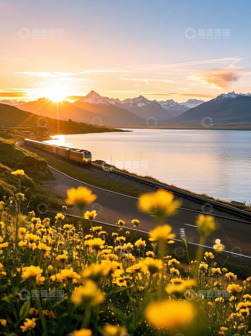 高清大图下载【趣麦麦图】雪山湖畔列车穿行花海