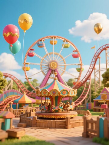 色彩斑斓的游乐园场景和气球