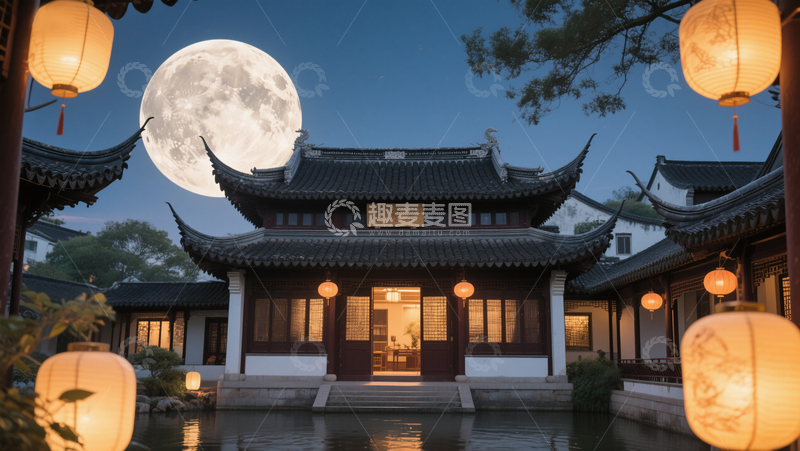 高清大图下载【趣麦麦图】中国风中秋古建筑场景灯笼夜景商业照片