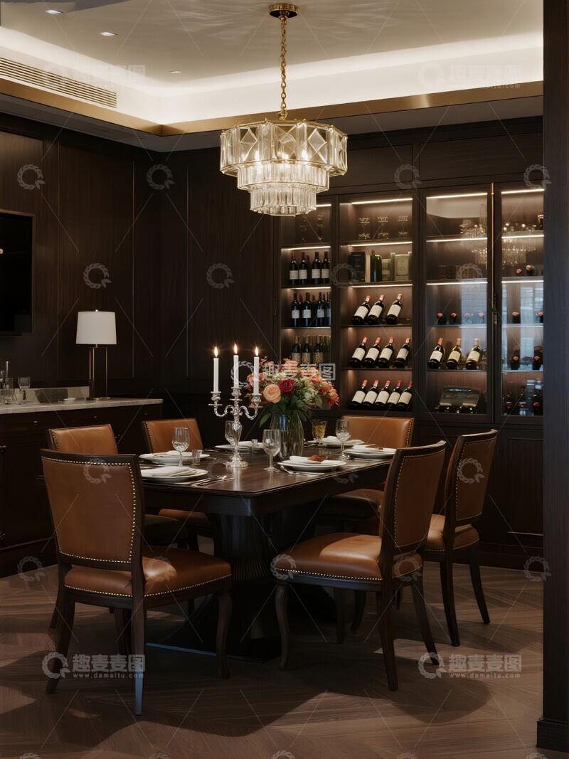 高清大图下载【趣麦麦图】豪华餐厅内部餐桌与酒柜