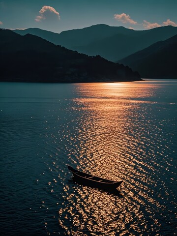 夕阳下的孤舟静泊湖面