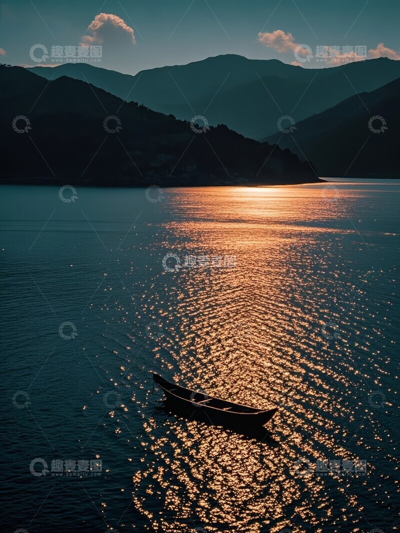高清大图下载【趣麦麦图】夕阳下的孤舟静泊湖面