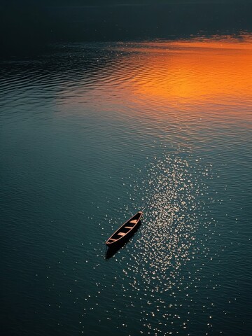 夕阳下的湖面与孤舟