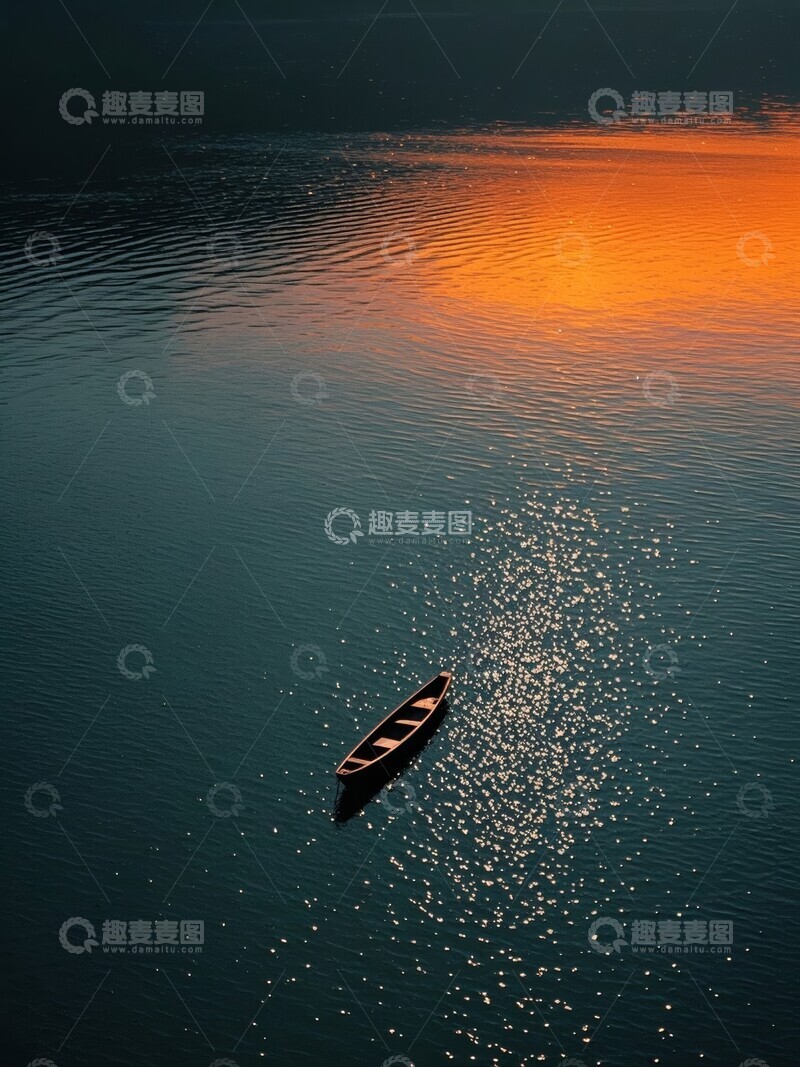 高清大图下载【趣麦麦图】夕阳下的湖面与孤舟