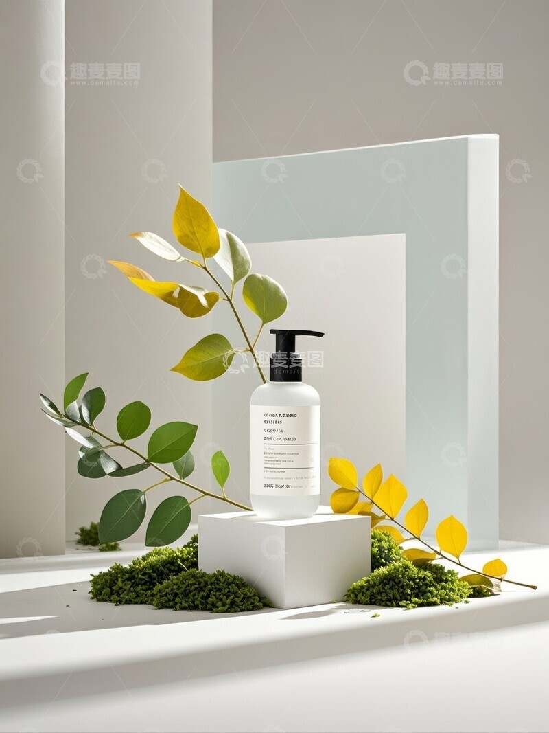 高清大图下载【趣麦麦图】简约风格的植物与瓶装产品展示
