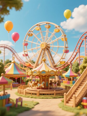 游乐园里的摩天轮与旋转木马