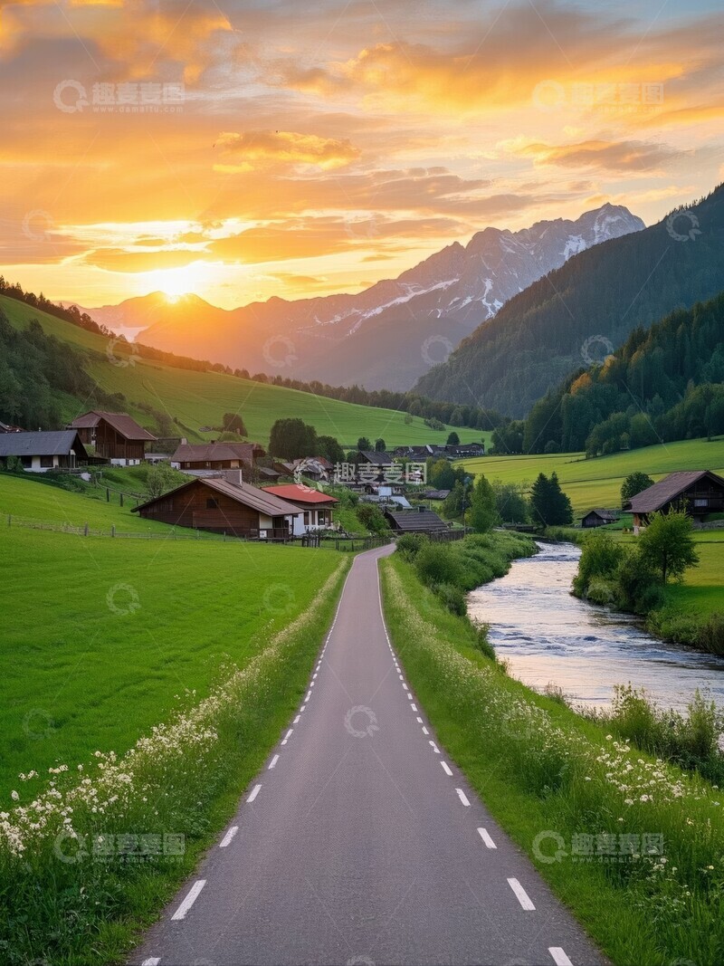 高清大图下载【趣麦麦图】夕阳下的乡村小径与河流