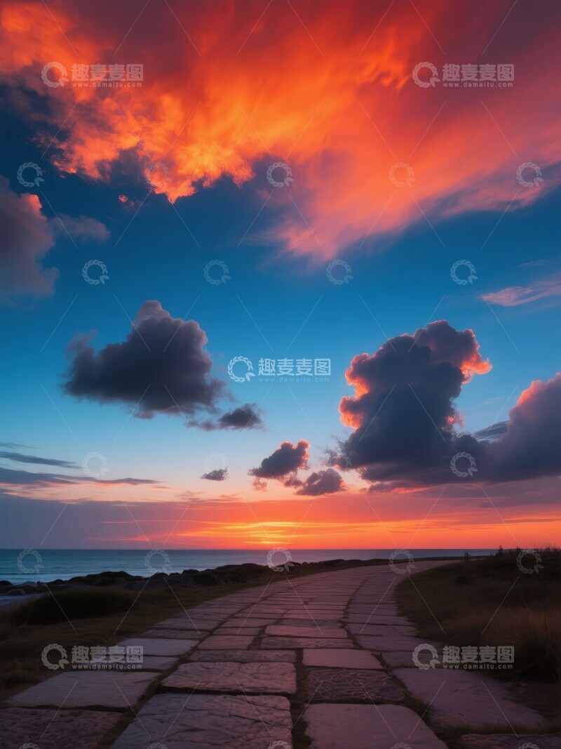 高清大图下载【趣麦麦图】海边石径夕阳晚霞美景